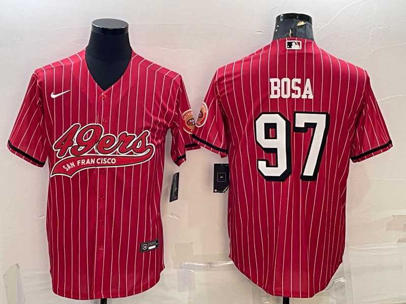 Men%27s San Francisco 49ers #97 Nick Bosa Red Pinstripe Color Rush With Patch Cool Base Stitched Baseball Jersey